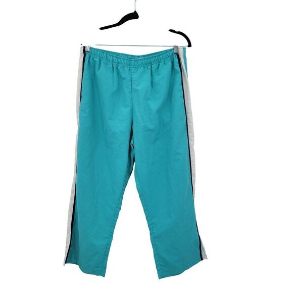 Vintage Pants - Vtg 80s Turquoise Track Pants L High Rise Drawstring Elastic Waist White Stripe